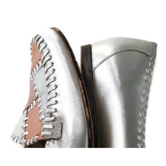 Vintage Womens Size 6 Shoes Metallic Silver Pink Leather Patchwork Moccasin - Picture 5 of 9